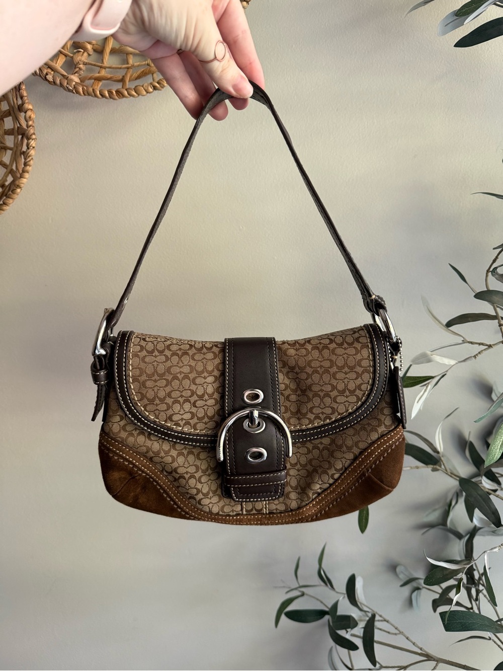 Coach Y2K soho brown signature jacquard and suede flap buckle bag